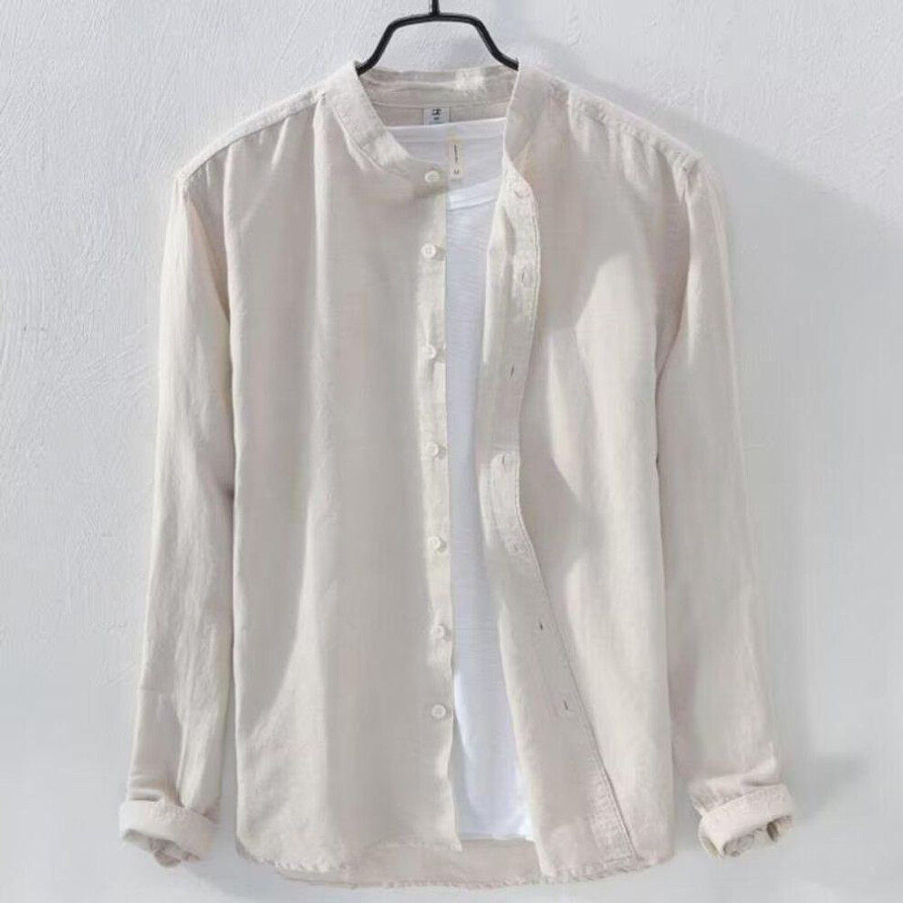(M, khaki) Men's Japanese Style Stand Collar Linen Shirt - Lightweight, Breathable, Casual Long Sleeve Jacket for Spring and Summer