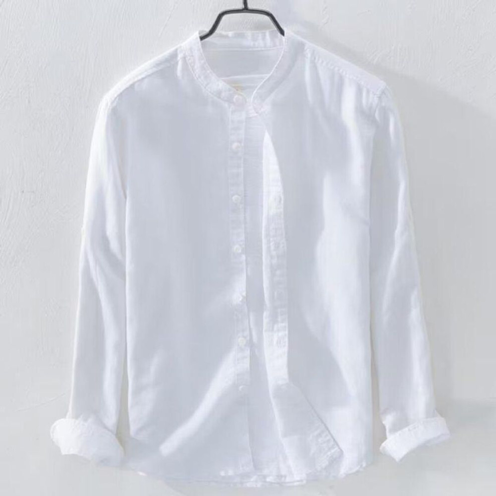 (4XL, white) Men's Japanese Style Stand Collar Linen Shirt - Lightweight, Breathable, Casual Long Sleeve Jacket for Spring and Summer
