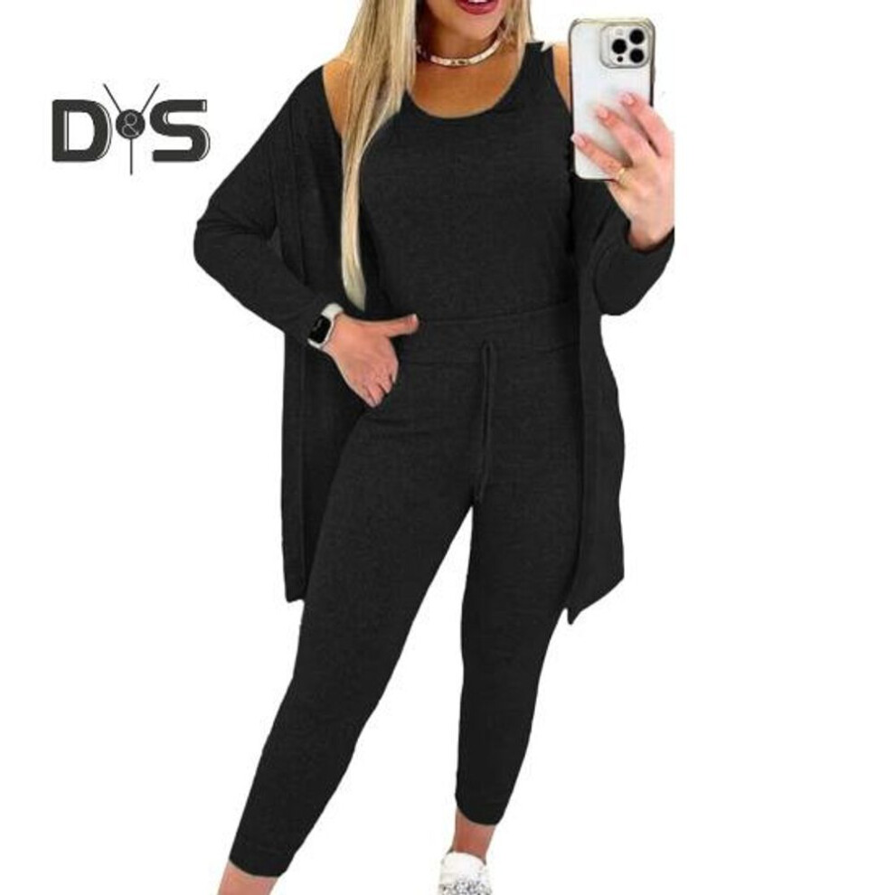 (black, XL) 3 Pcs/Set Vest Coat Pants Set High Elastic Waist Slim Pants Round Neck Vest Long Sleeve Mid Length Coat Solid Color Soft Sporty Clothes Set Fall