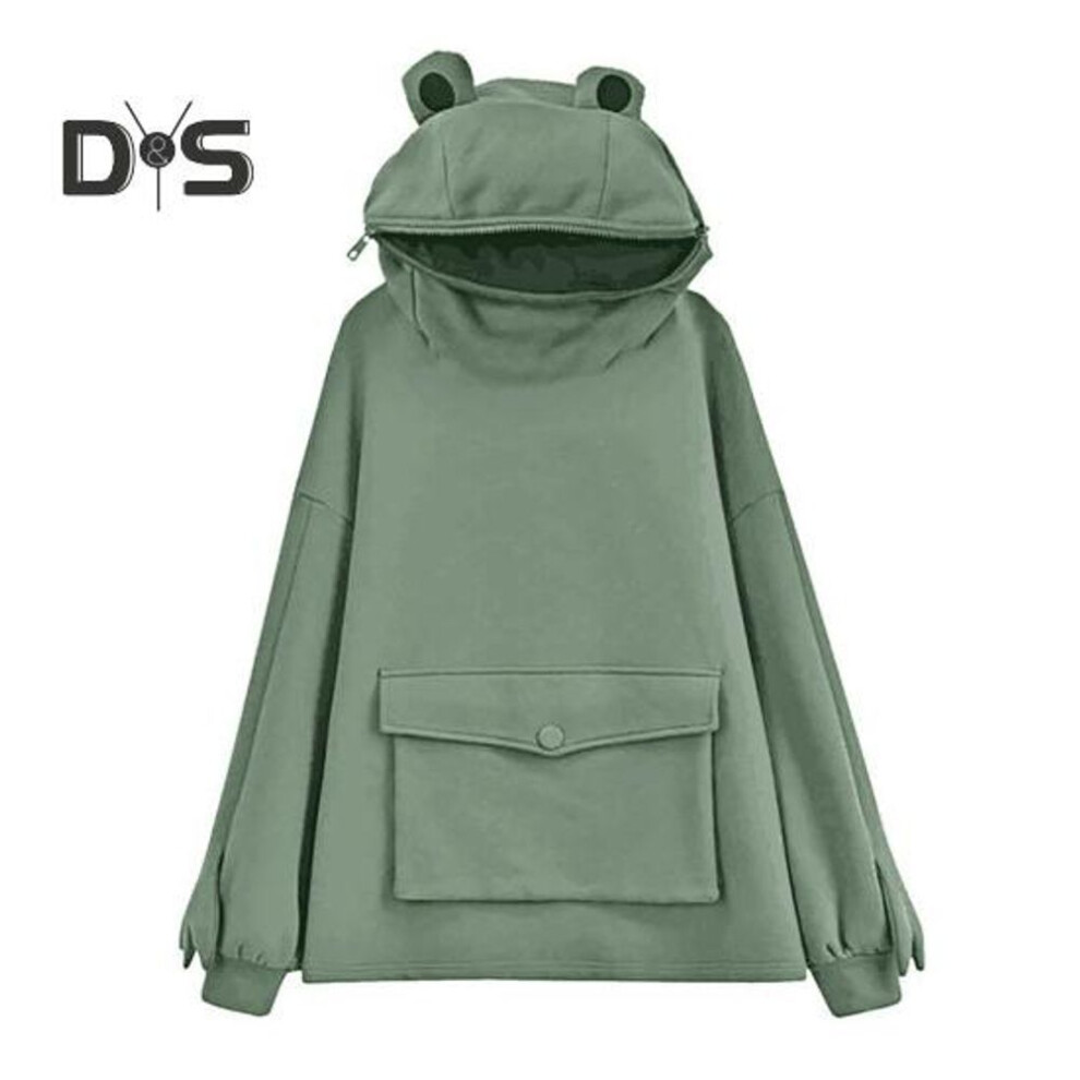 (XL, green) Women's Frog Hoodie Sweatshirt Soft Breathable Polyester Loose Fit Casual Pullover for Autumn Winter