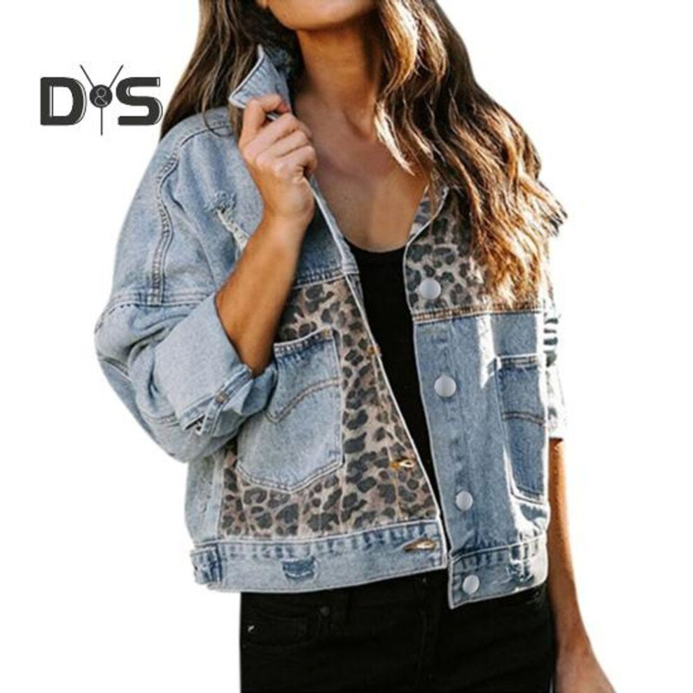 (blue, L) Women Denim Jacket Leopard Splicing Long Sleeves Loose Button Pocket Turn Down Collar Casual Autumn Winter Ladies Female Coat Outwear Womenswear