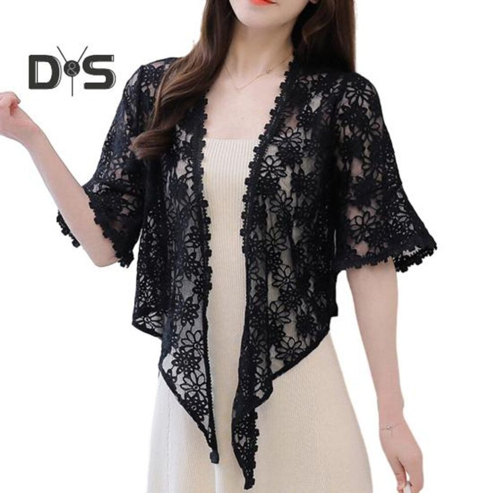 (M, black) Women Cardigan Coat Half Sleeve Lace Embroidery Horn Sleeve Shawl Thin Patchwork Short Type Lace Up Solid Color Lady Shirt