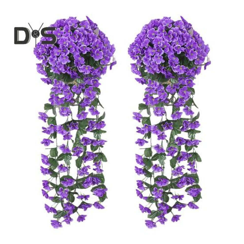 (blue) 2 Pcs Faux Hanging Violet Flowers Artificial Vines With Blooms Fake Hanging Plants Violet Flowers For Indoor Home Wedding Garden Yard Decoration