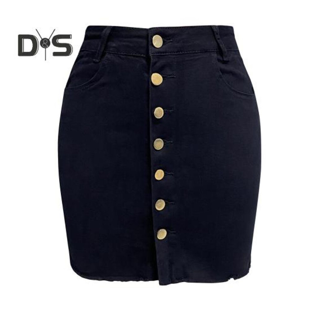 (L, black) Women High Waist Denim Skirt Buttons Fly Pockets Design Hip Wrapped Solid Color Mini Skinny Skirt Streetwear