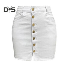 (L, white) Women High Waist Denim Skirt Buttons Fly Pockets Design Hip Wrapped Solid Color Mini Skinny Skirt Streetwear