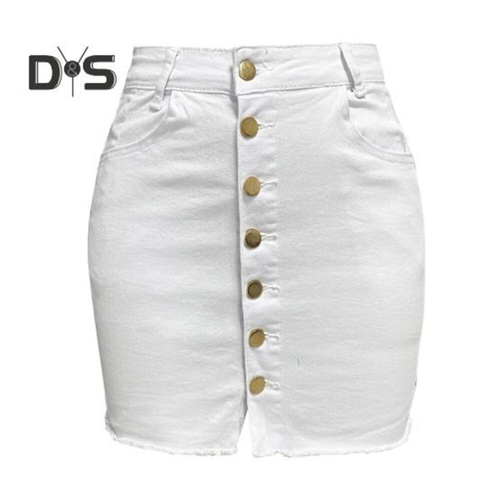 (S, white) Women High Waist Denim Skirt Buttons Fly Pockets Design Hip Wrapped Solid Color Mini Skinny Skirt Streetwear
