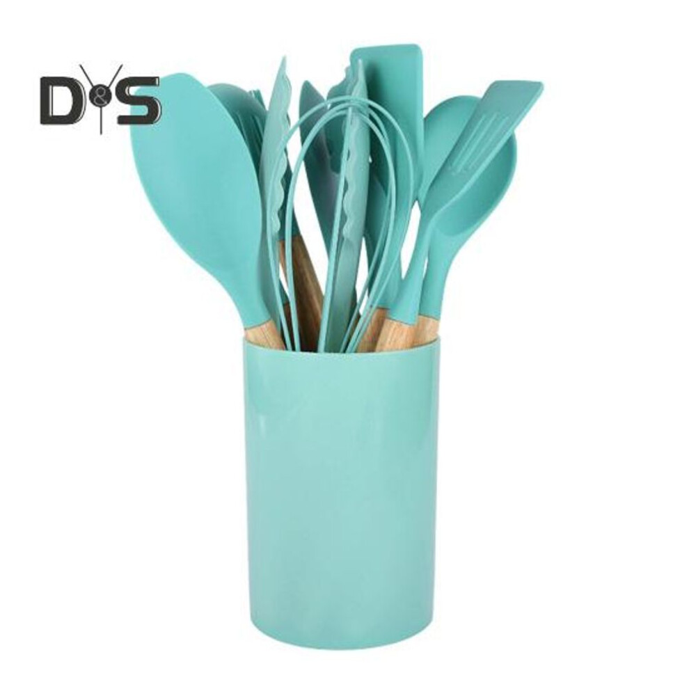 (green) 12Pcs Silicone Kitchenware Set Turner Spatula Spoon Non-Stick Heat Resistant Cooking Utensils with Wooden Handles Storage Bucket for All Cookware