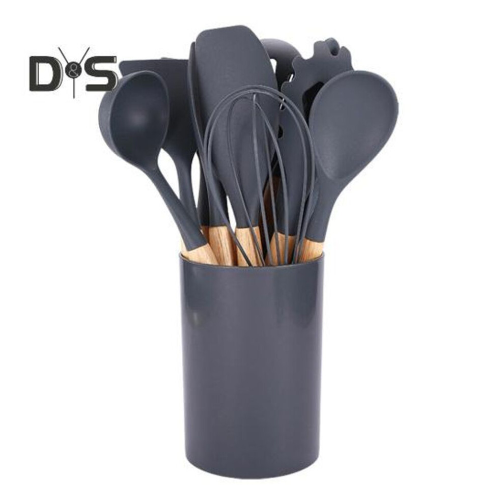 (grey) 12pcs Silicone Kitchenware Set Turner Spatula Spoon Non-stick Heat Resistant Cooking Utensils With Wooden Handles Storage Bucket For All Cookware