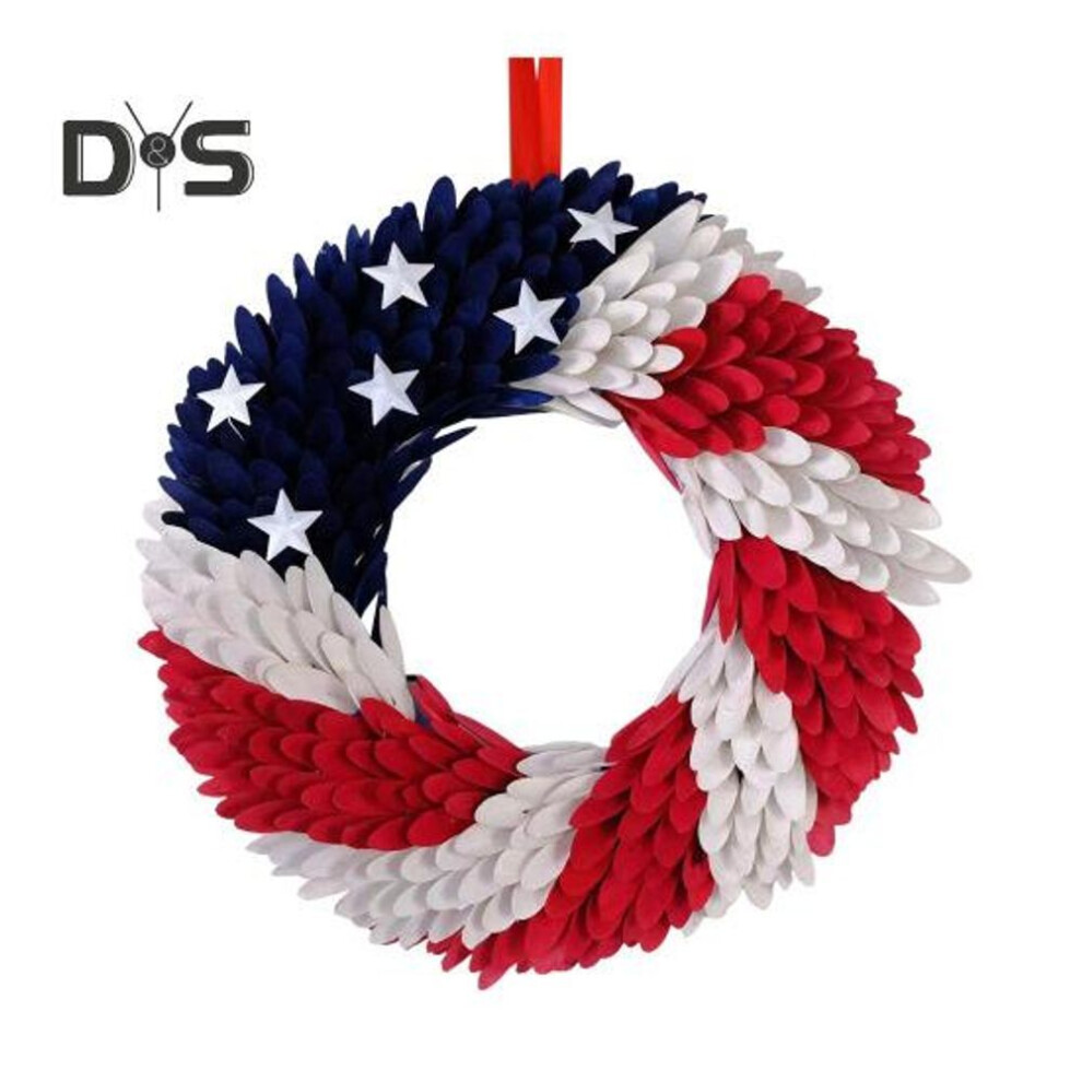(as the picture, L) Usa Independence Day Patriotic Wreath Red White Blue Us Flag Wreath Front Door Wall Hanging Garland Pendant 4th Of July Festival Decoration