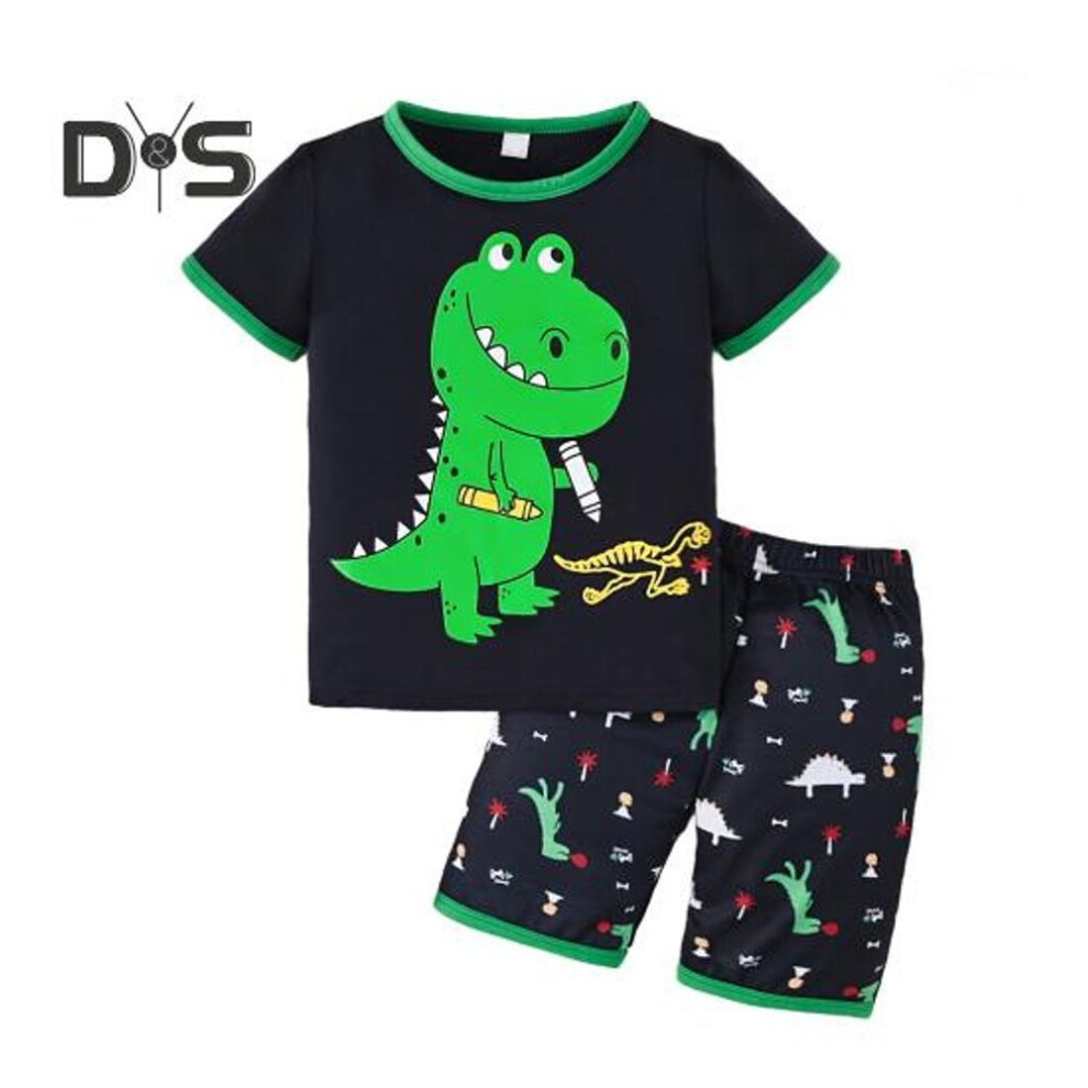 (as the picture, 140cm) Toddler Boy Clothes Shorts Set Green Dinosaur Print Pajamas Cotton Crewneck Tees Shorts Set Summer Casual Outfit