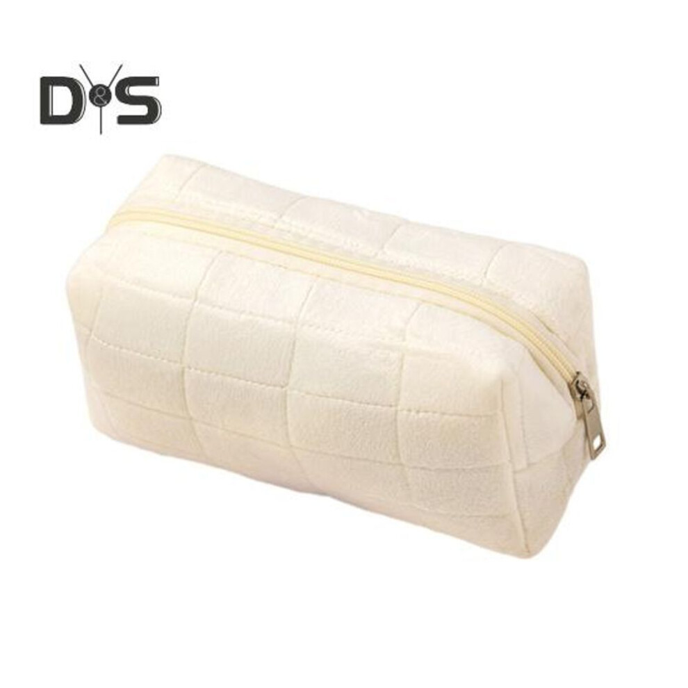 (beige) Makeup Bag Velvet Checked Texture Zipper Closure Portable Cosmetic Pouch Travel Business Trip Toiletry Bag Large Capacity Vanity Bag