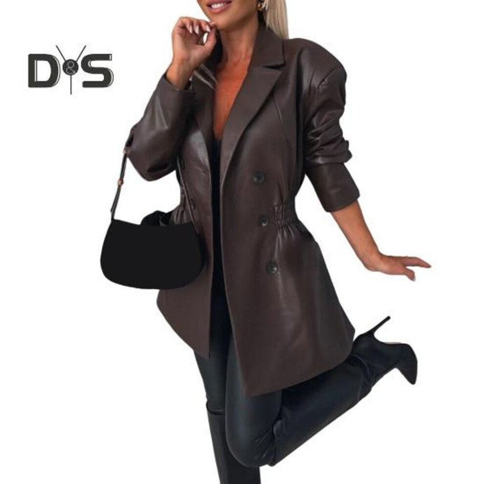 (dark brown, M) Women Coat Elastic Slim Waist Smooth Surface Faux Leather Turn-down Collar Jacket Mid Length Solid Color Double-breasted Outerwear