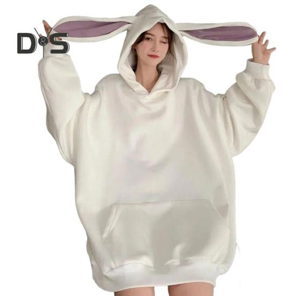 (L, white) Fall Winter Women Hoodie Thick Long Bunny Ear Decor Pure Color Loose Long Sleeves Elastic Cuff Pullover Warm Sport Top Casual Style Hoodie