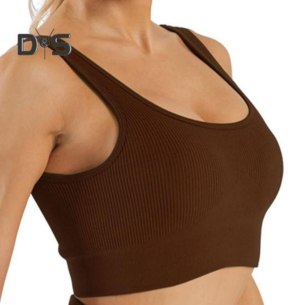 (dark coffee, L) Women Sport Vest Seamless Detachable Chest Pads Slim Fit U Neck High Elastic Knitted Summer Camis Tank Top Lady Bottoming Inner Outer Wear Yoga Crop