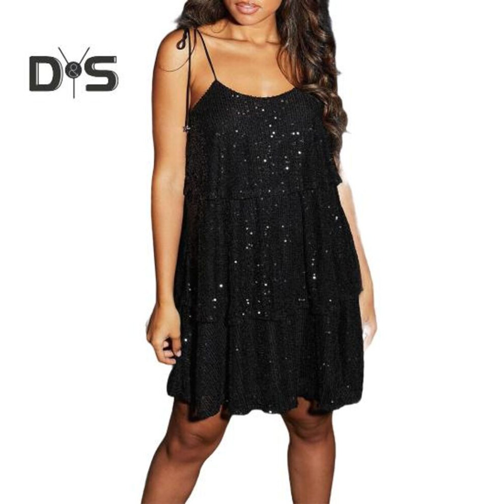 (black, M) Sexy Sequins Dress Suspender Sling Dress Solid Color Sleeveless Layered Cake Design Party Dress Everyday Wear