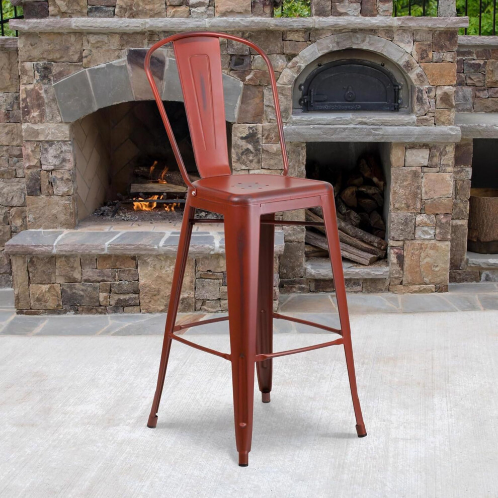 Set of 4 Red Bar Stool 30 Inch Distressed Metal Indoor and Outdoor Counter Stool