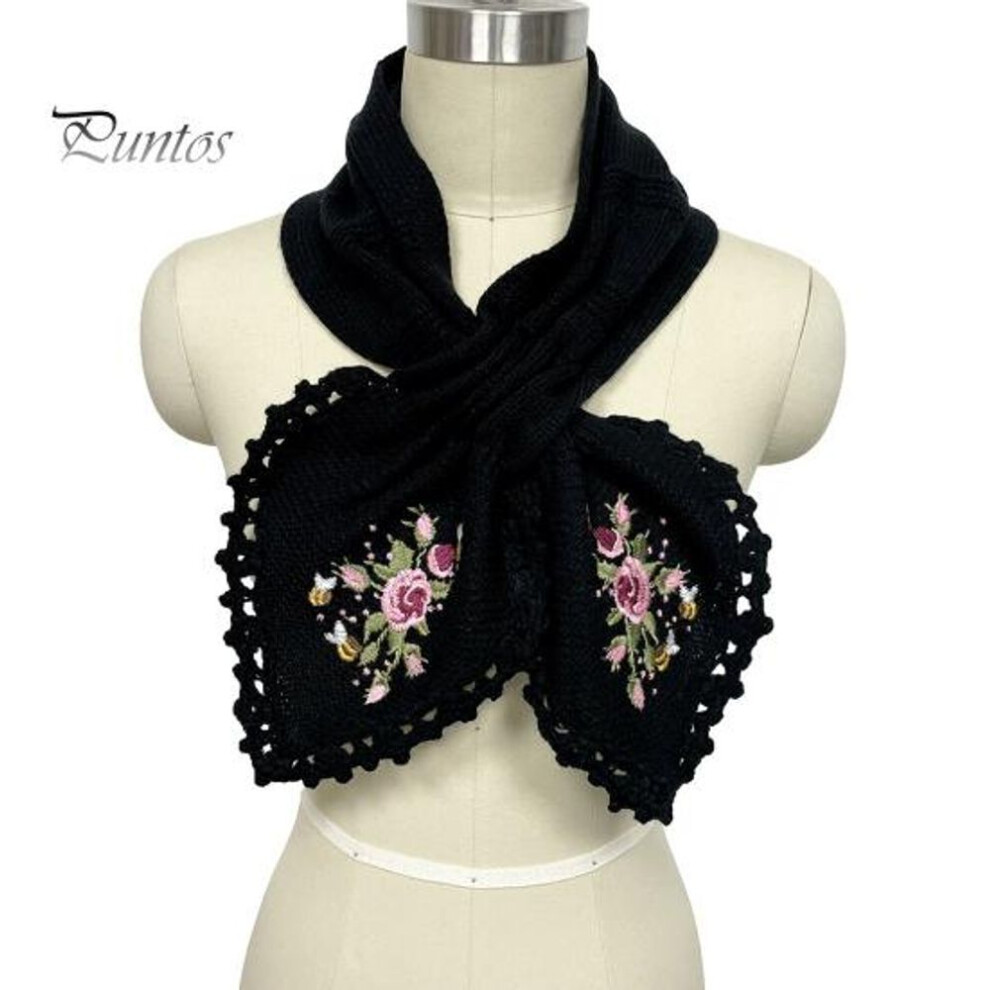 (black) Women Shawl Embroidery Flower Pattern Crochet Knitting Scarf Solid Color Autumn Winter Thickened Warm Cross Scarf