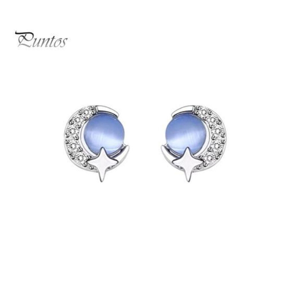 (as the picture, A) 1 Pair Women Stud Earrings Blue Faux Opal Rhinestone Moon Star Shape Bow Decor Birthday Gift Ears Studs For Prom Dating Parties Lady Ear Jewelry