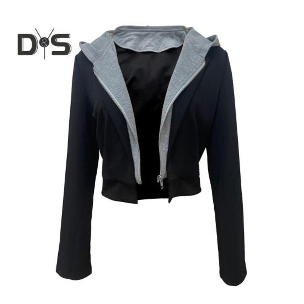 (black, M) Women Coat Hooded Long Sleeve Fake Two-piece Short Jacket American Style Zipper Placket Outerwear Daily Wear