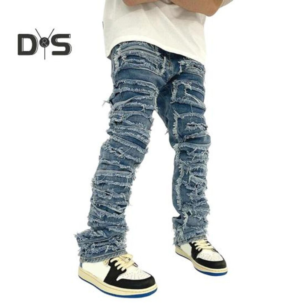 (blue, XXXXL) Men Jeans Zipper Button Fly Straight Leg Trousers with Tassel Edges Solid Color Distressed Denim Pants