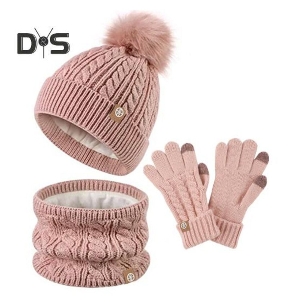 (pink) Winter Hat Gloves Scarf Set Girls Boys Hat With Pompom Knit Neck Warmer Gloves Fleece Lined Scarf Hat Gloves Set For Kids Age 4-10