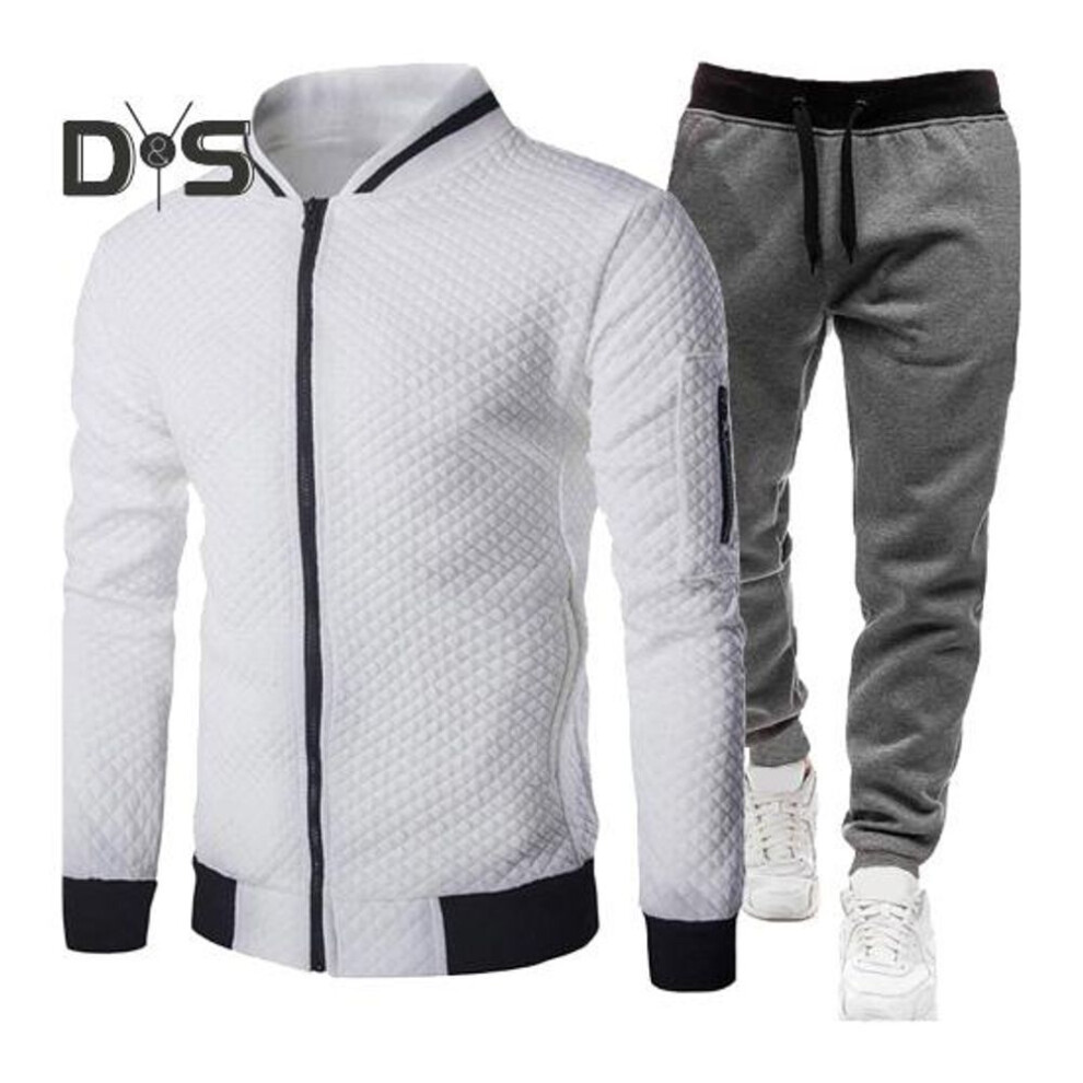(white, L) 2Pcs/Set Men Suit Stand Collar Long Sleeve Zipper Placket Baseball Coat Elastic Waist Sweatpants Set Regular Fit Sports Suit