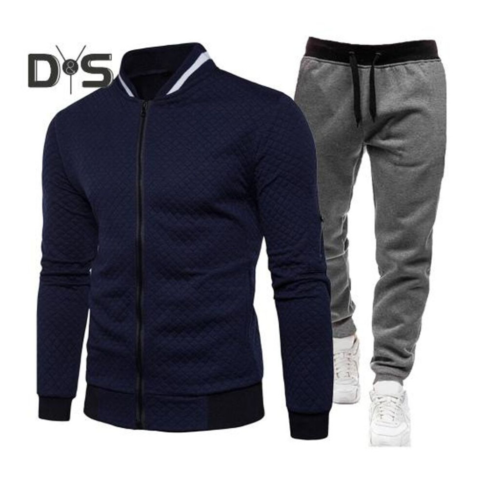 (navy blue, XXXL) 2Pcs/Set Men Suit Stand Collar Long Sleeve Zipper Placket Baseball Coat Elastic Waist Sweatpants Set Regular Fit Sports Suit