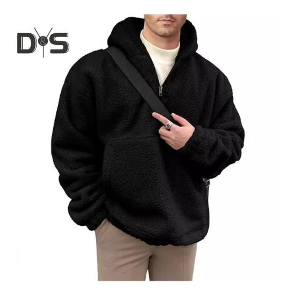 (black, 2XL) Winter Men Hoodie with Big Frotn Pocket Double-sided Flannel Half-zipper Collar Loose Long Sleeves Thermal Top with Elastic Cuffs Casual Daily Hoodie