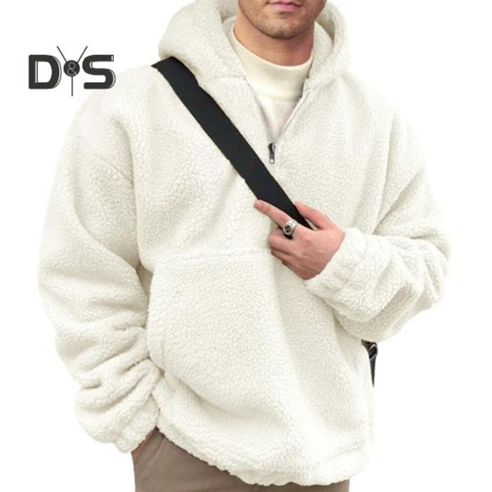 (white, 2XL) Winter Men Hoodie with Big Frotn Pocket Double-sided Flannel Half-zipper Collar Loose Long Sleeves Thermal Top with Elastic Cuffs Casual Daily Hoodie