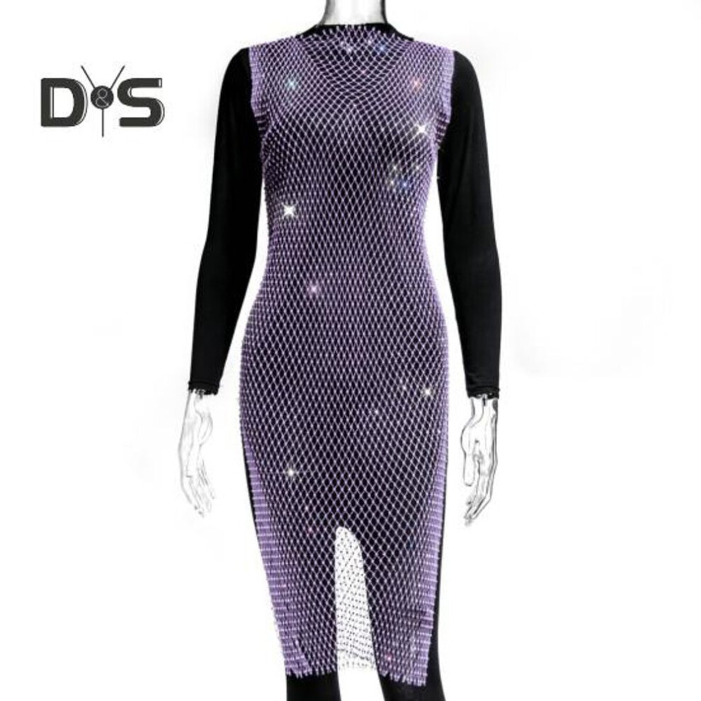 (purple, M) Sparkly Rhinestone Fishnet Dress Women Sexy Side Split Hollow Beach Cover Up Dress Sleeveless Sequins Party Bikini Skirt