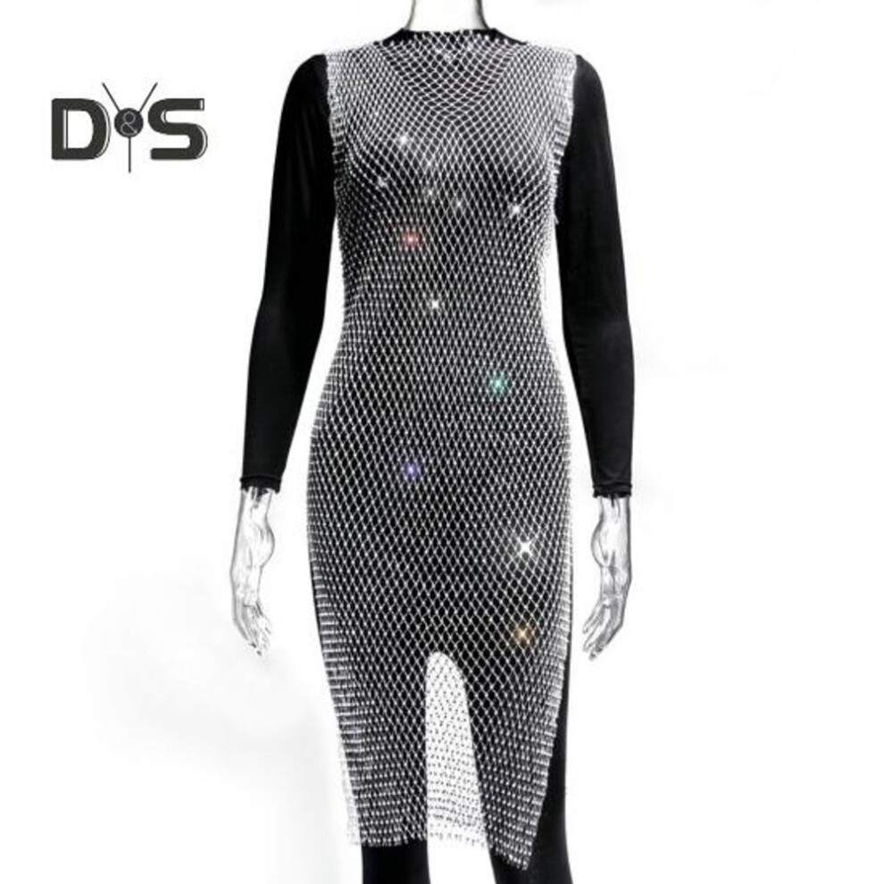 (white, M) Sparkly Rhinestone Fishnet Dress Women Sexy Side Split Hollow Beach Cover Up Dress Sleeveless Sequins Party Bikini Skirt