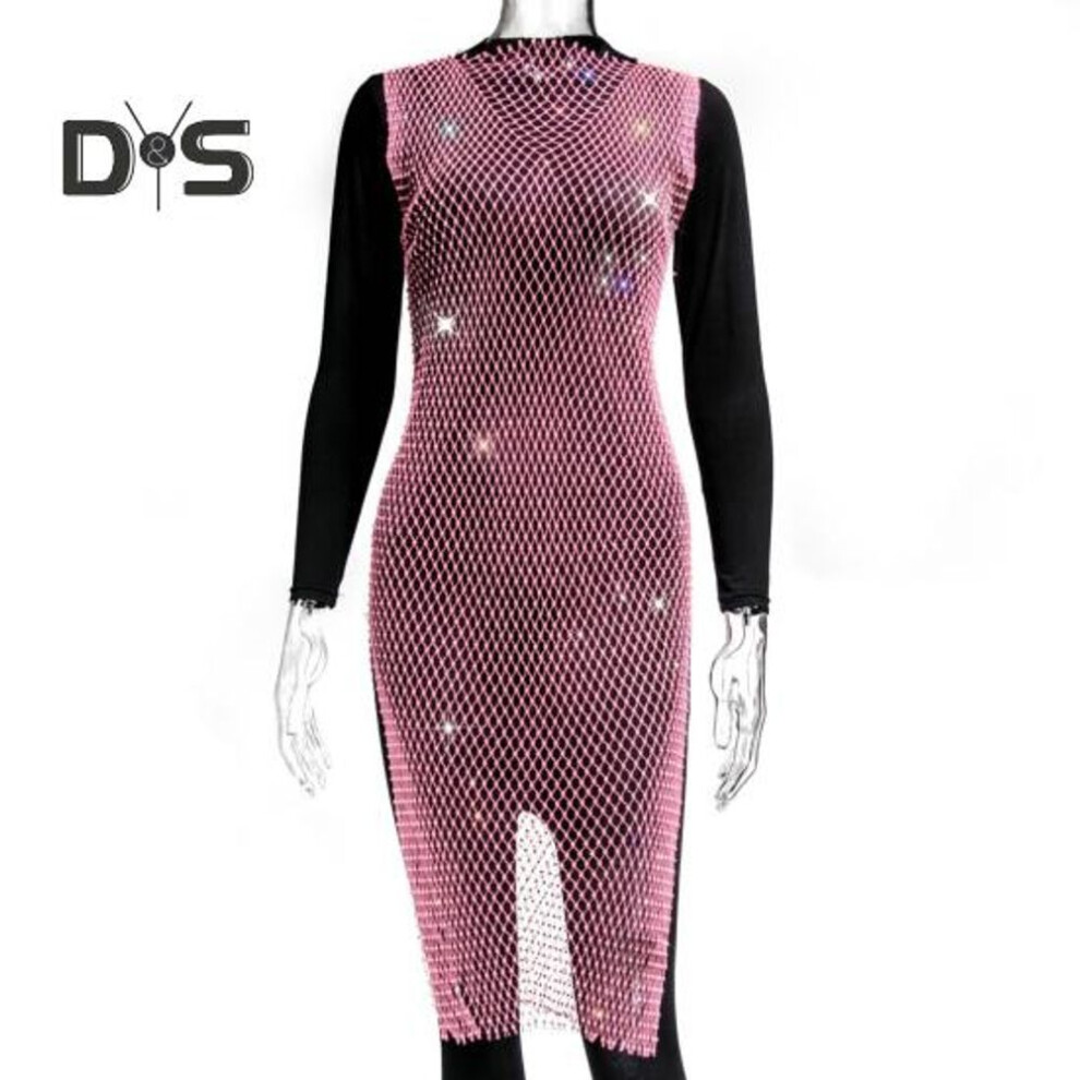 (pink, M) Sparkly Rhinestone Fishnet Dress Women Sexy Side Split Hollow Beach Cover Up Dress Sleeveless Sequins Party Bikini Skirt