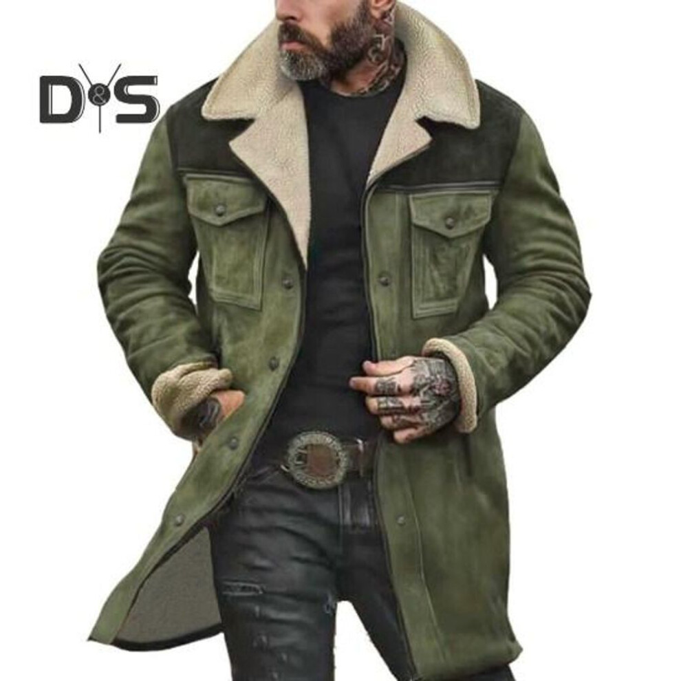 (army green, XXXL) Men Jacket Large Plush Lapel Long Sleeve Vintage Suede Jacket with Pockets Zipper Up Mid-length Motorcycle Coat