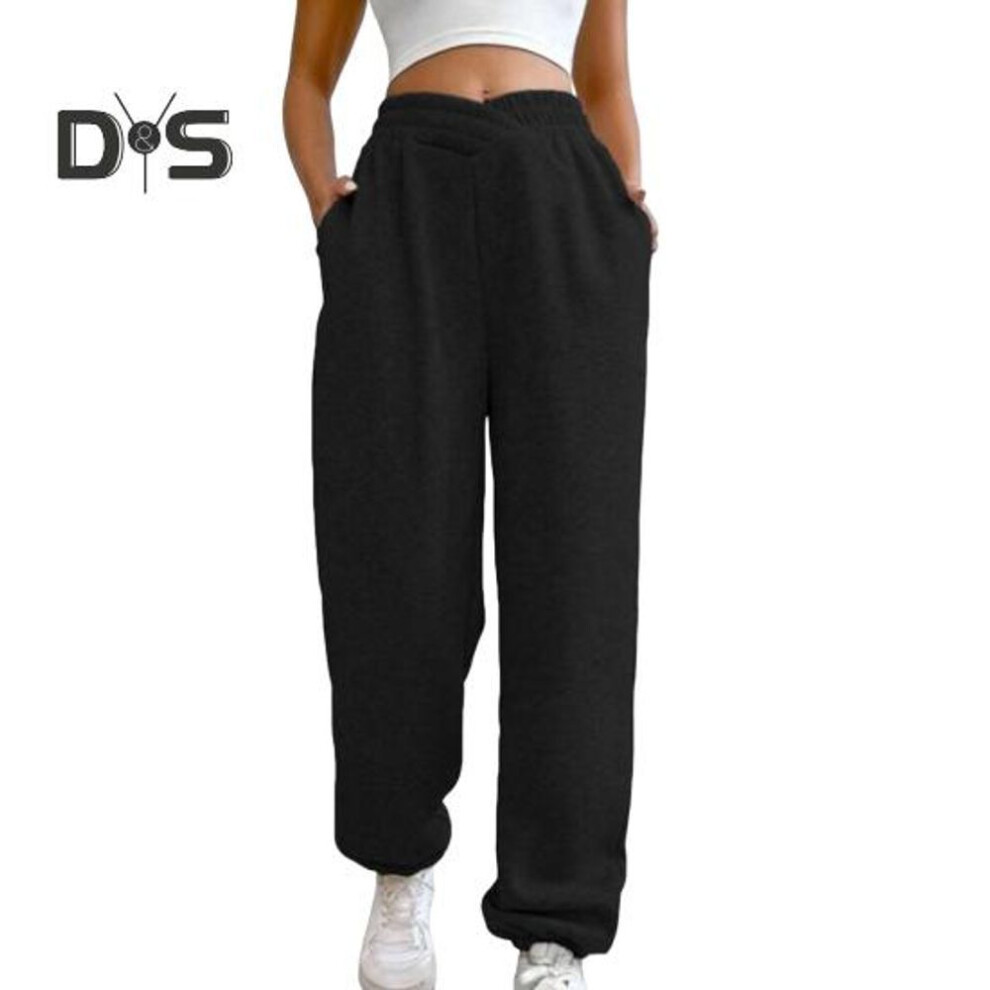 (black, M) Women Sweatpants High Waisted Loose Fit Sport Pants With Pockets Crossover Joggers Athletic Pants Comfy Workout Trousers