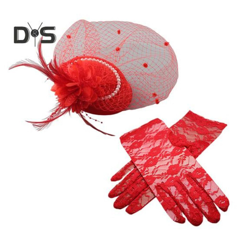 (red) 2Pcs/Set Fascinator Veil Top Hat Hairpin Headdress Lace Gloves Set Mesh Feather Decor Cocktail Tea Party Women Headpiece
