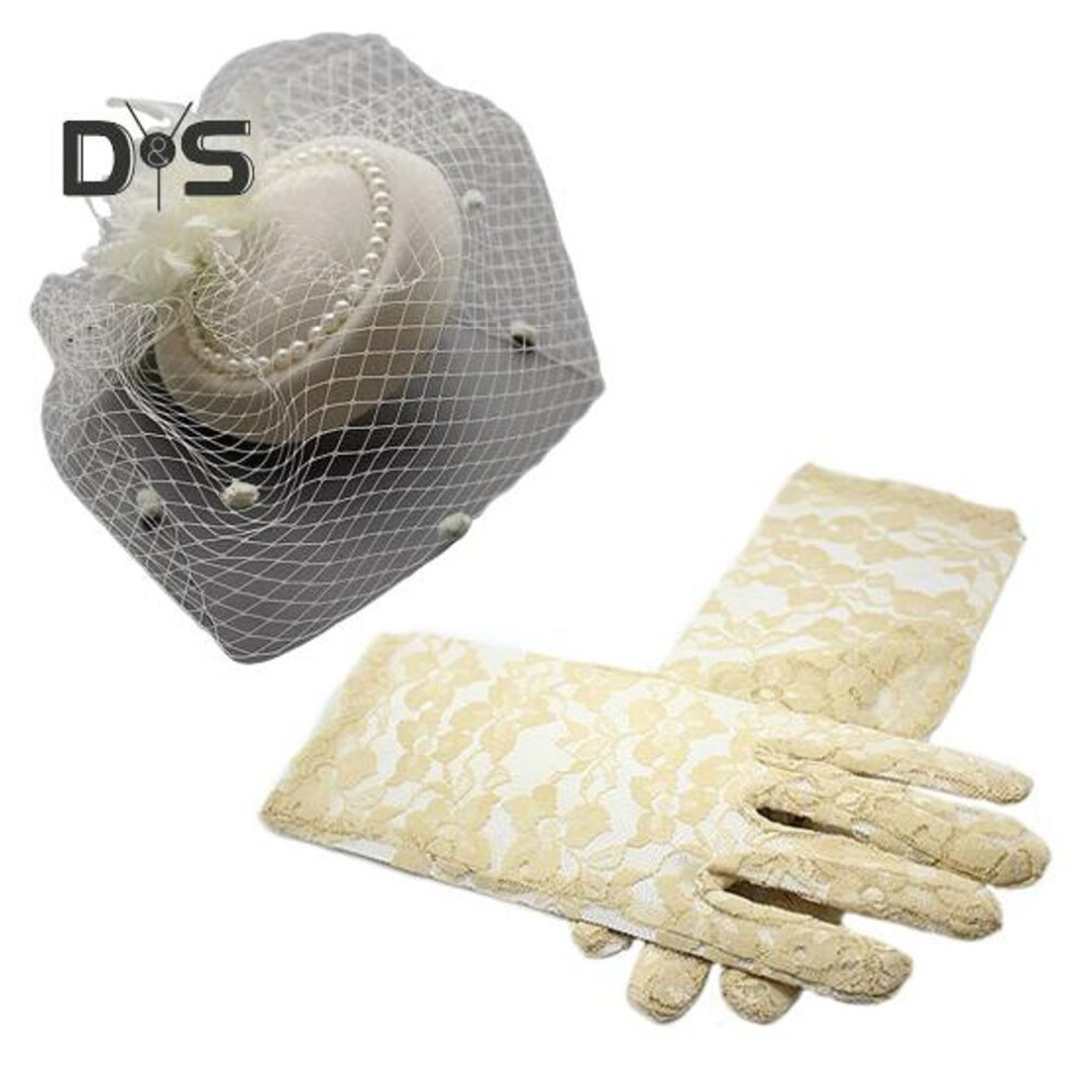 (beige) 2Pcs/Set Fascinator Veil Top Hat Hairpin Headdress Lace Gloves Set Mesh Feather Decor Cocktail Tea Party Women Headpiece