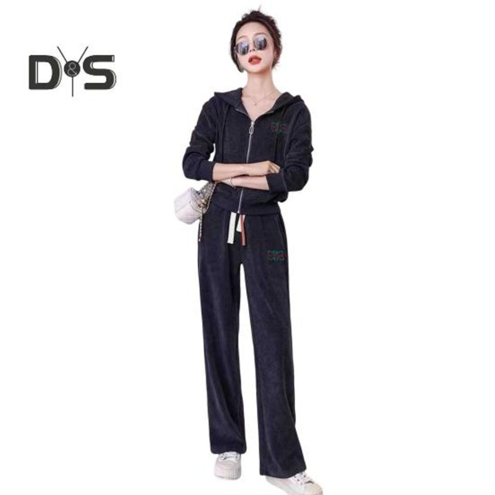 (grey, 3XL) 2 Pcs/set Women Coat Pants Suit Hooded Zipper Closure Drawstring Long Sleeve Jacket Elastic Waist Wide Leg Pockets Trousers Winter Sportwear Tracksuit