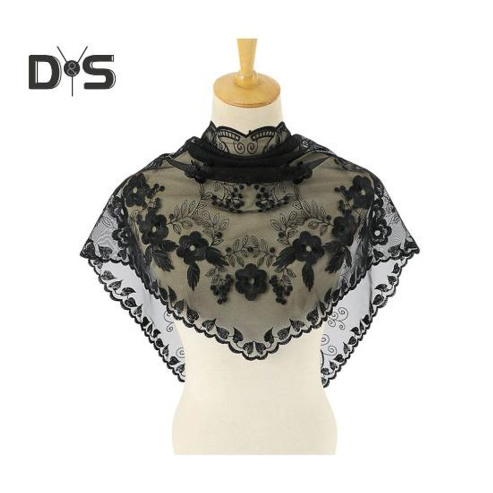 (black) Triangle Scarf Lace Satin Shawl Scarf Hollow Embroidery Flower Pattern Beach Sun Protection Shawl Women Daily Wear