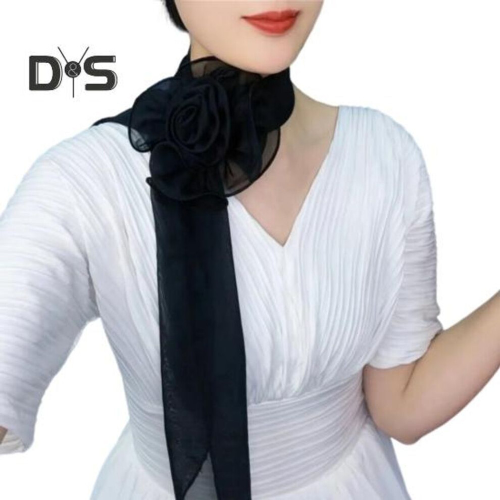 (black) Chiffon Satin Long Scarf Flower Decor Breathable Versatile Beach Shawl Sun Protection Chiffon Shawl Daily Wear