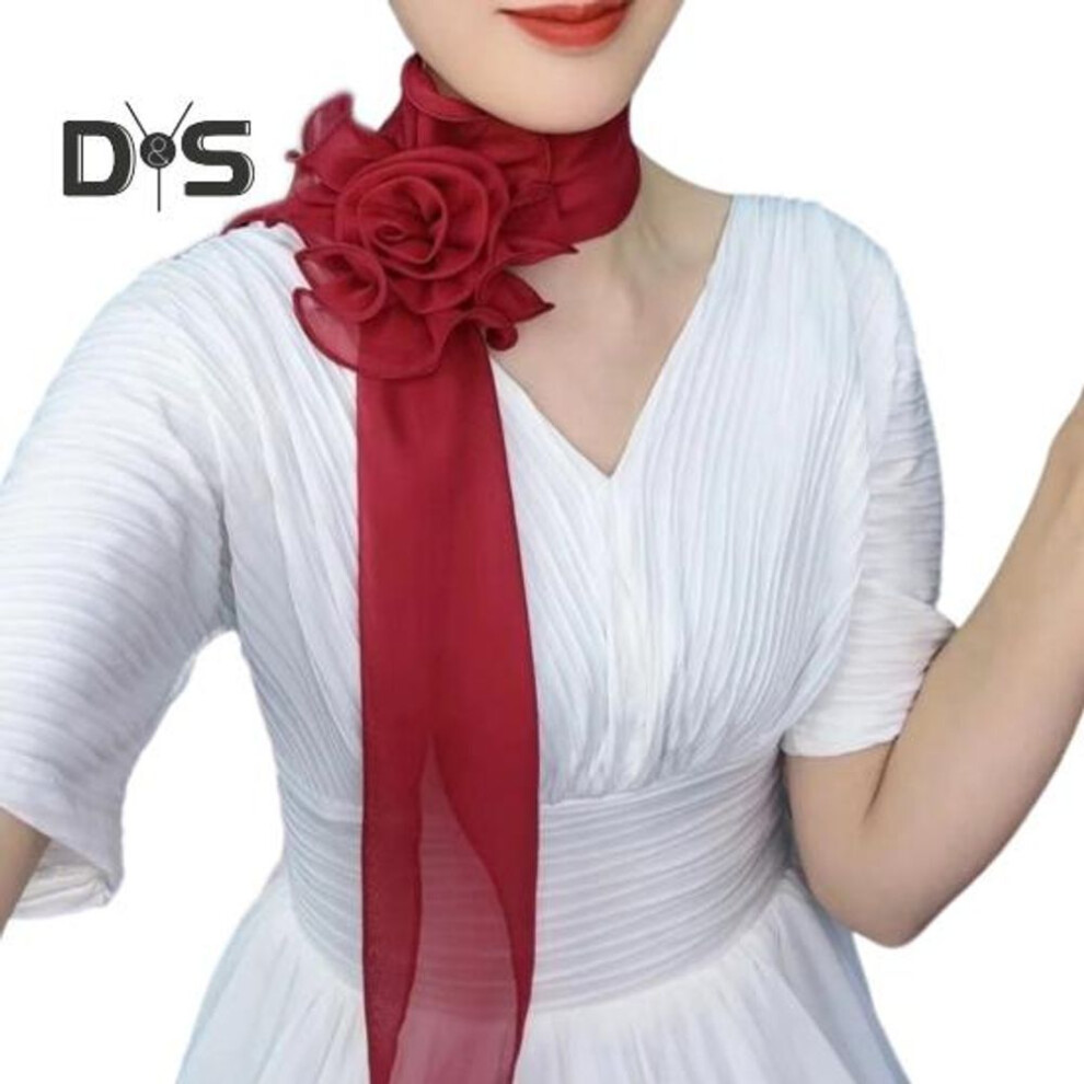 (wine red) Chiffon Satin Long Scarf Flower Decor Breathable Versatile Beach Shawl Sun Protection Chiffon Shawl Daily Wear
