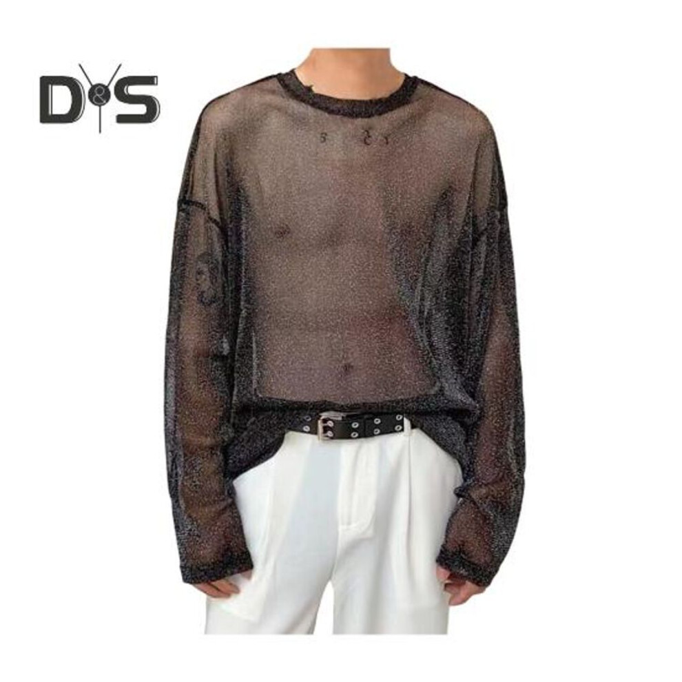 (black, 4XL) Men Mesh Top Thin See-through Shiny Sequin Mesh O Neck Long Sleeves Solid Color Stretchy Loose Fit Muscle-enhancing Party Homewear Club Dance