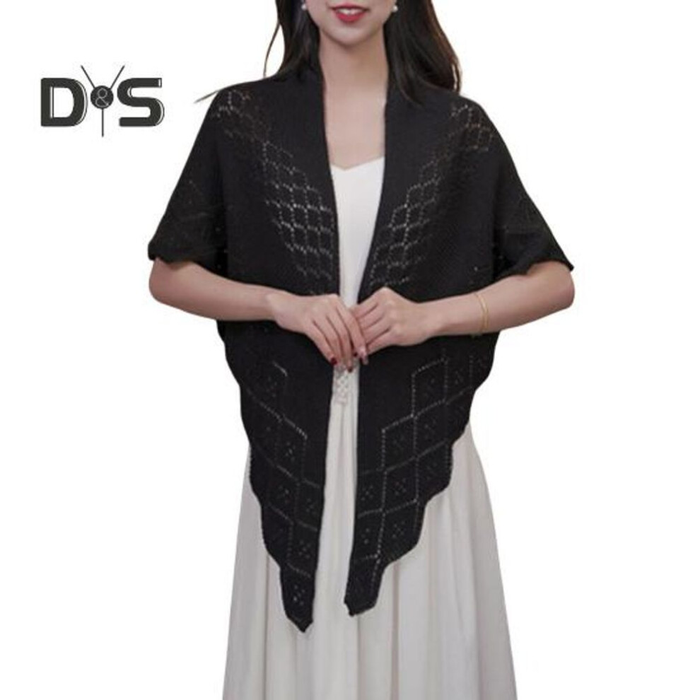 (black) Women Knitting Shawl Solid Color Fringe Design Lightweight Versatile Hollow Shawl Open Knitted Pattern Shawl Wrap
