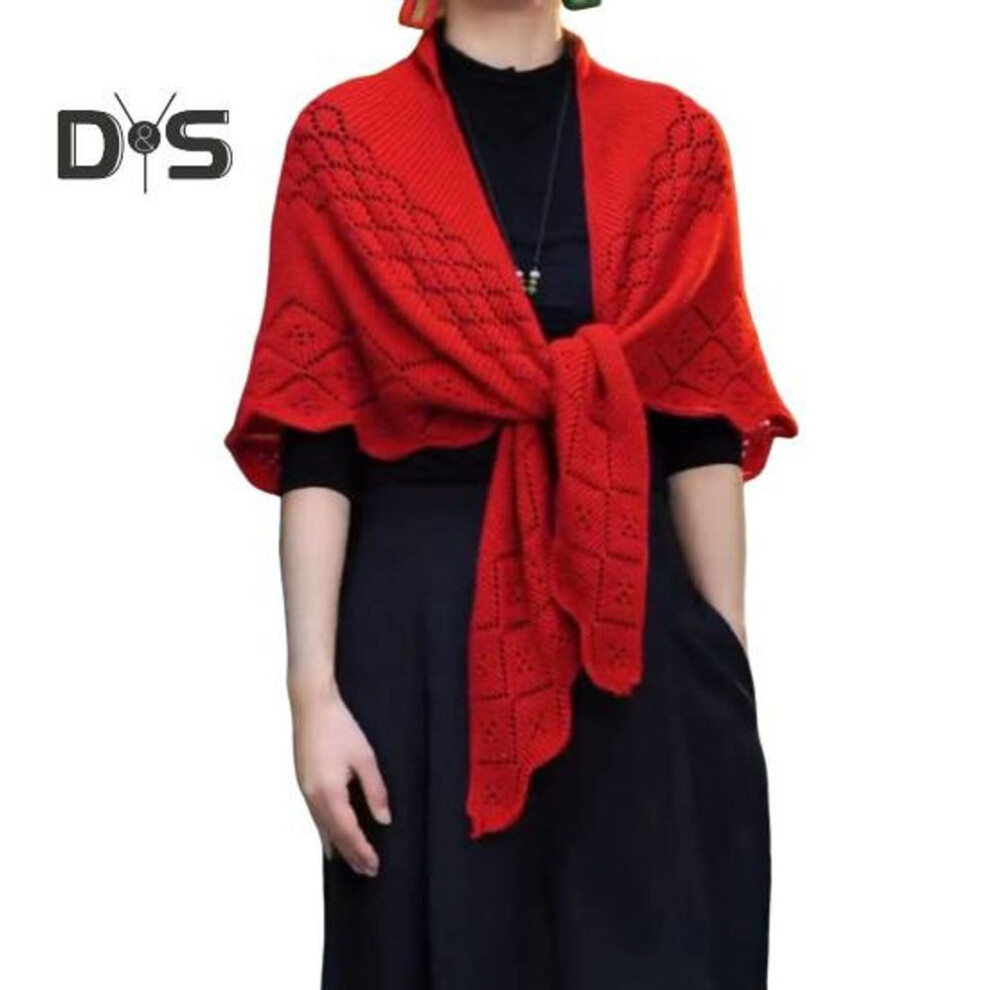 (red) Women Knitting Shawl Solid Color Fringe Design Lightweight Versatile Hollow Shawl Open Knitted Pattern Shawl Wrap
