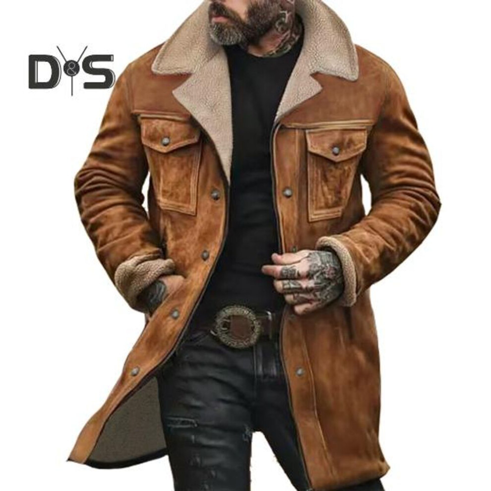 (dark yellow, XXXL) Men Jacket Autumn Winter Woolen Coat Lapel Single-breasted Mid-length Windproof Jacket Suede Multi Pockets Outerwear