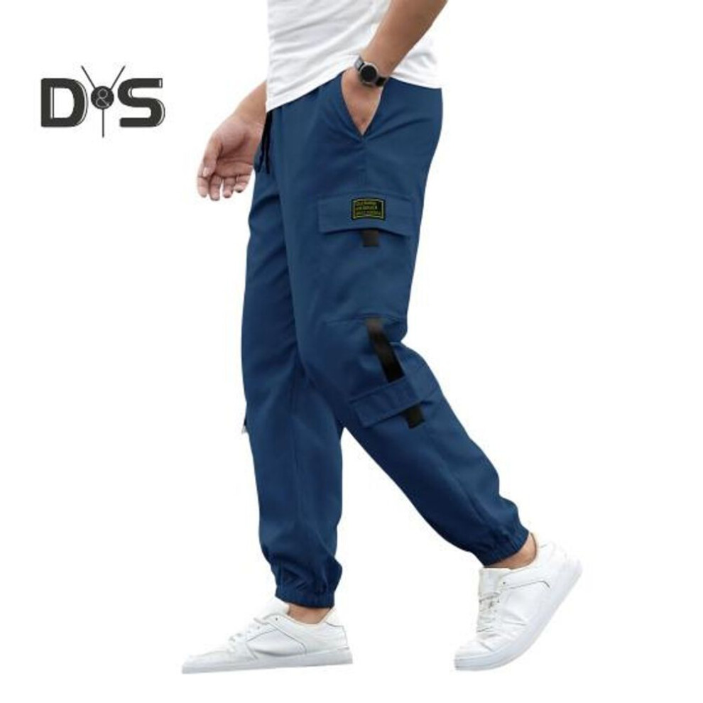 (blue, M) Male Cargo Pants With Multi Pockets High Street Style Ankle-banded Retro Trousers Drawstring Elastic Waist Pants For Daily Wear Outdoor And Work