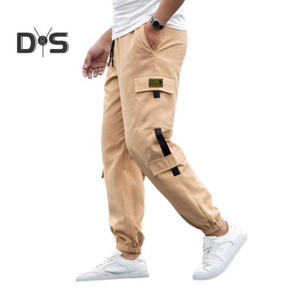 (khaki, L) Male Cargo Pants With Multi Pockets High Street Style Ankle-banded Retro Trousers Drawstring Elastic Waist Pants For Daily Wear Outdoor And Work