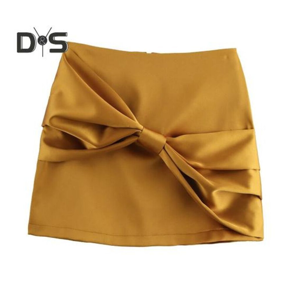 (M, yellow) Women Mini Skirt Imitation Satin High Waist Short Skirt Back Zipper Closure Bow Detail Solid Color Skirt