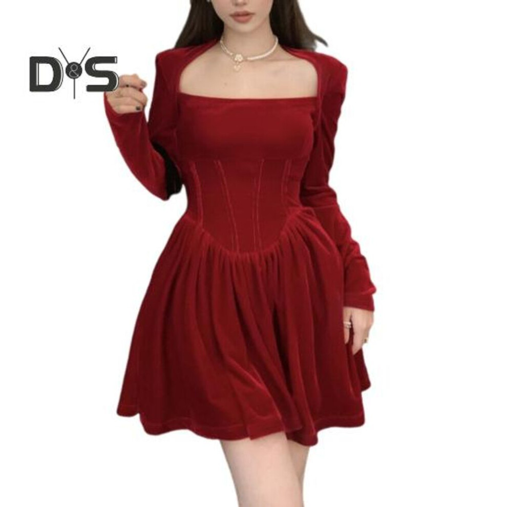 (wine red, M) Women Dress Square Neck Pleated A-line Long Sleeves Pleated Slim Waist Velvet Mini Dress Prom Banquet Party Short Dress Fall Spring Princess Dress