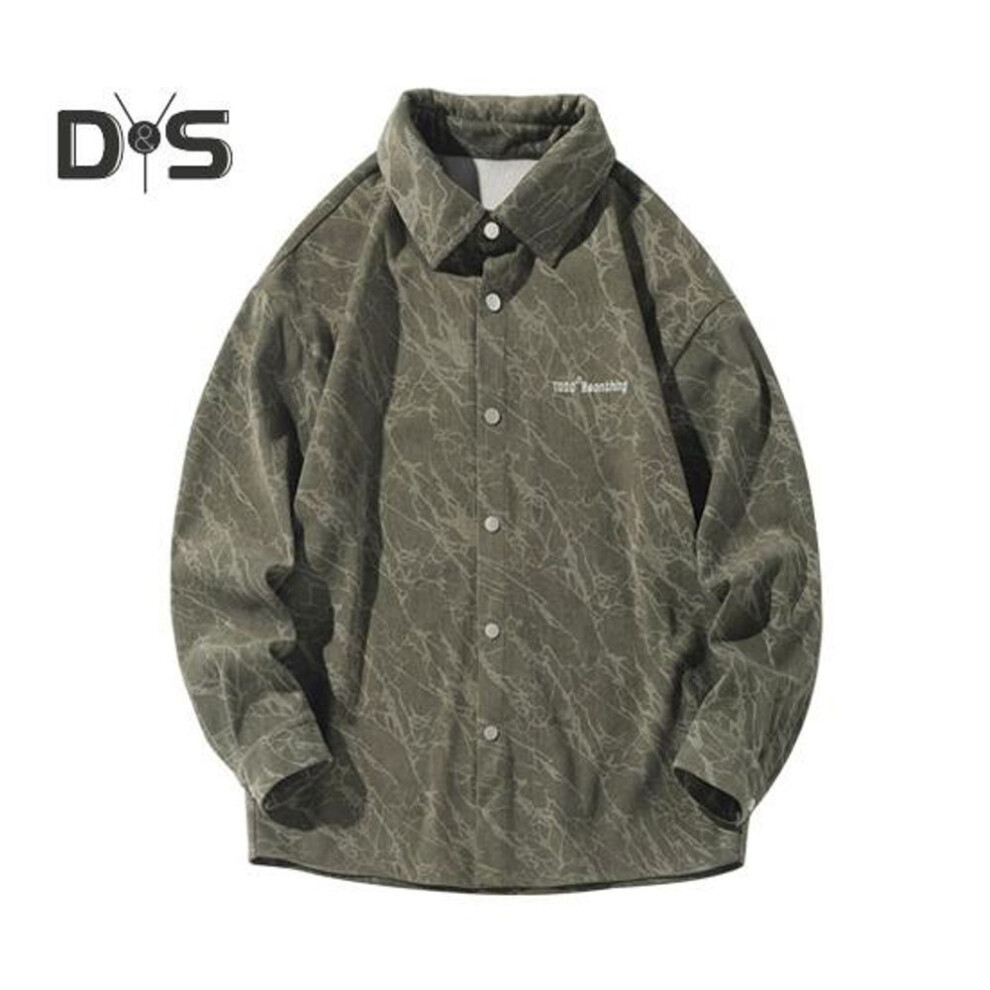 (XL, green) Spring Fall Men Shirt Retro American Style Corduroy Embroidery Japanese Style Loose Single-breasted Long Sleeves Mid Length Lapel Top