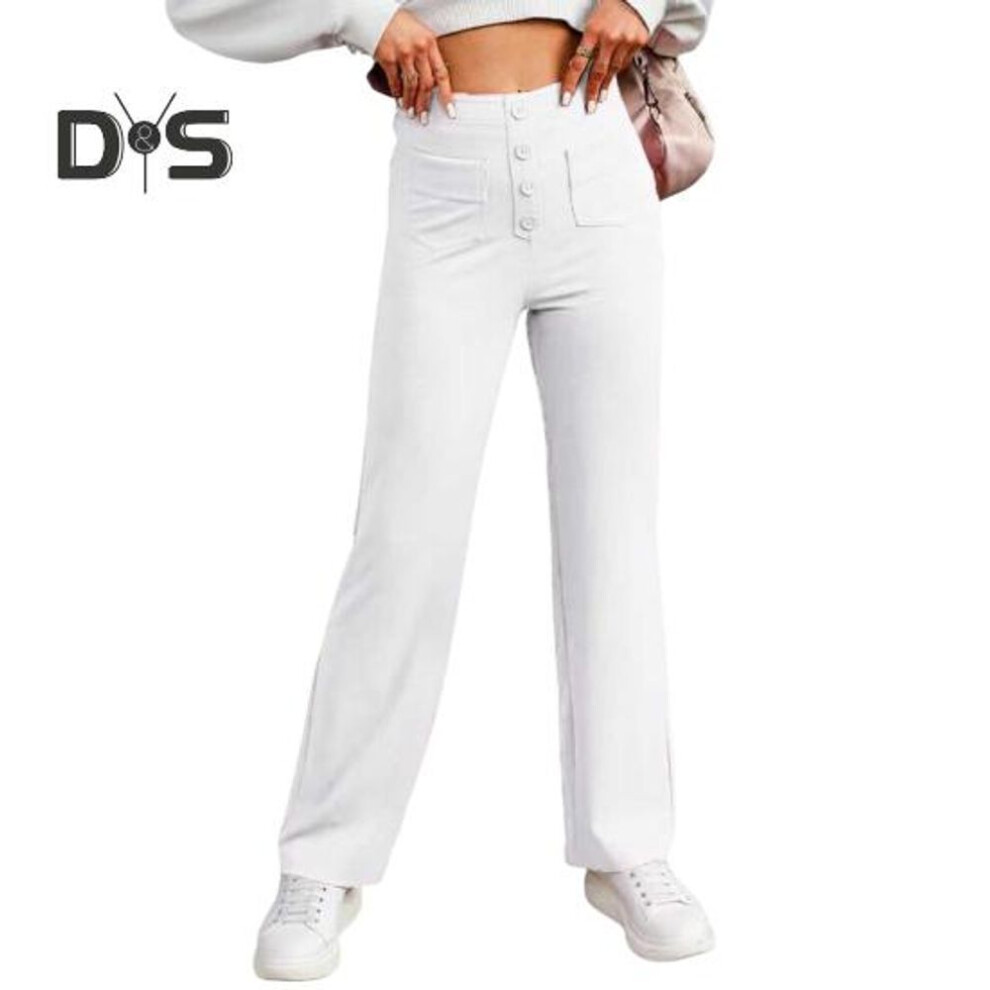 (white, XL) Women Pants Solid Color Elastic Waist Straight Leg Casual Trousers with Multi-Pocket Design Leisure Long Pants